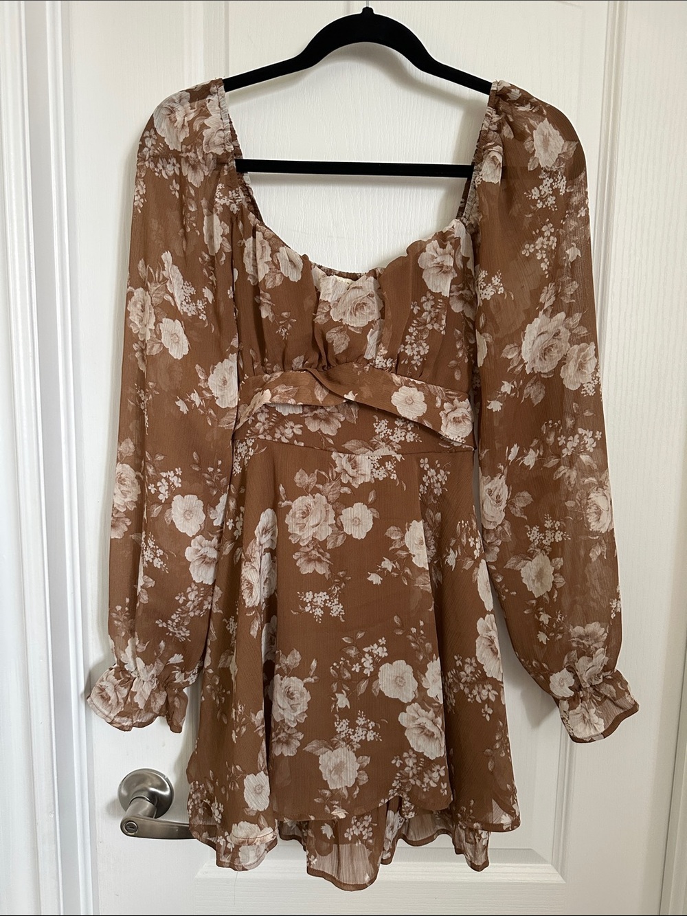 Brown Floral Long-Sleeve Mini Dress